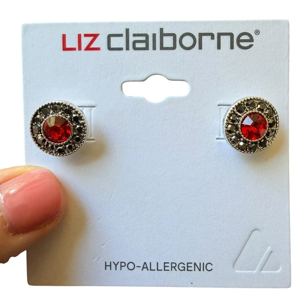 Vintage Liz Claiborne Red‎ Crystal Stud Earrings Sample One of a Kind 13mm